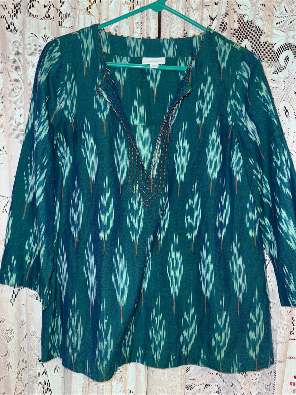 J. Jill Teal Ikat V-Neck Tunic